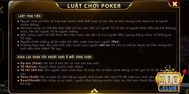 Các lựa chọn trong bài Poker Hitclub cần ghi nhớ